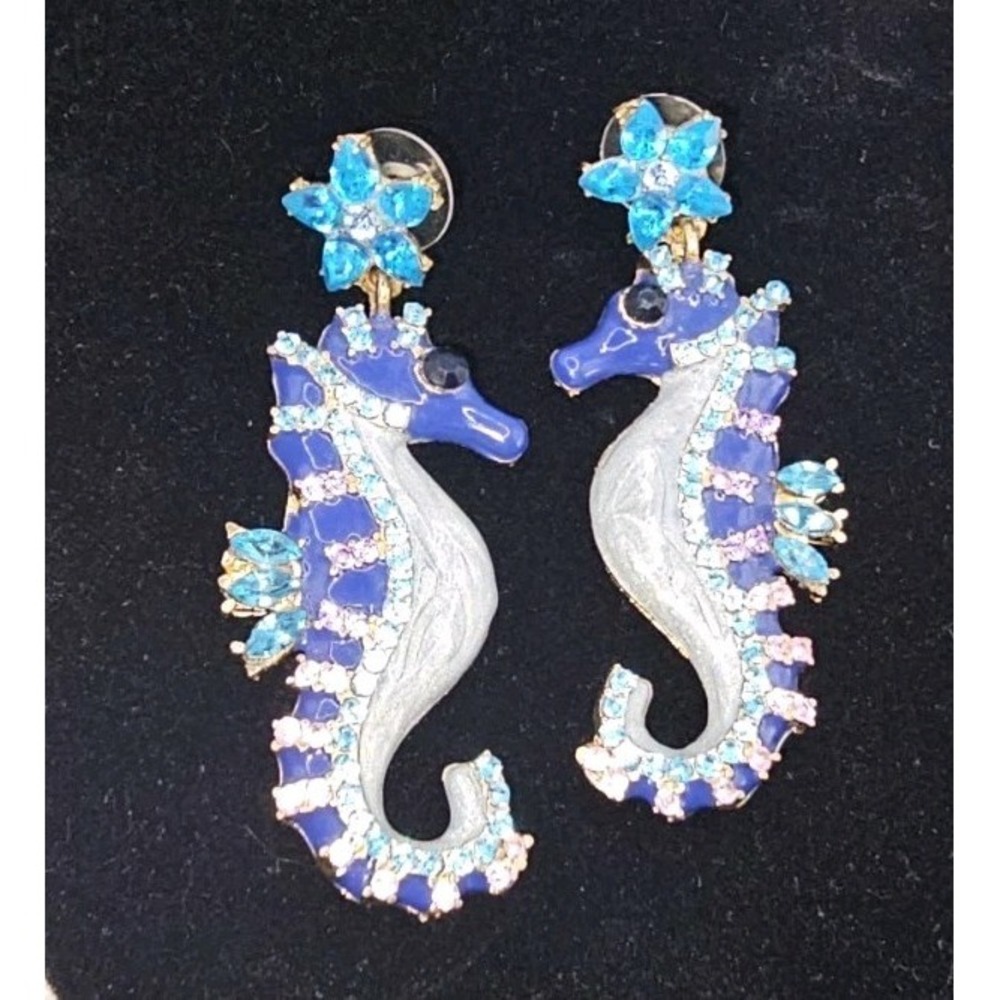 Betsey Johnson Goldtone Purple Blue &‎ Pink Rhinestone Seahorse Dangle Earrings
